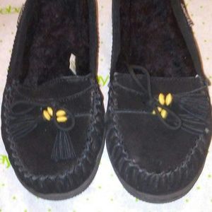 BearPaw Black Leather Moccasin Slippers sz10